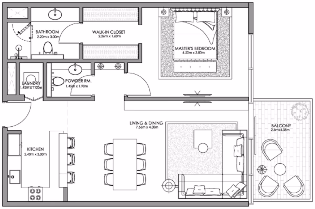 תוכנית חדר שינה אחד · Type A ב־נדל"ן להשקעה Ajmal Makan Blue Beach Residence, באזור Waterfront City, שארג’ה