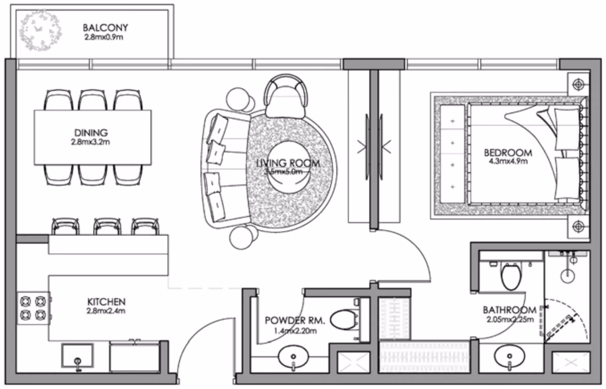 תוכנית חדר שינה אחד · Type B ב־נדל"ן להשקעה Ajmal Makan Blue Beach Residence, באזור Waterfront City, שארג’ה