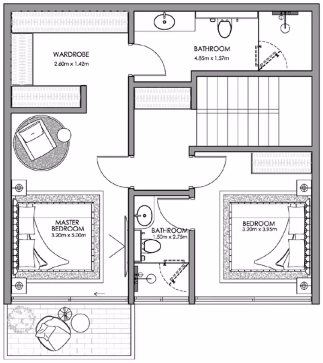 תוכנית 2 חדרי שינה · דופלקס · Duplex Type A ב־נדל"ן להשקעה Ajmal Makan Blue Beach Residence, באזור Waterfront City, שארג’ה (קומה ראשונה)