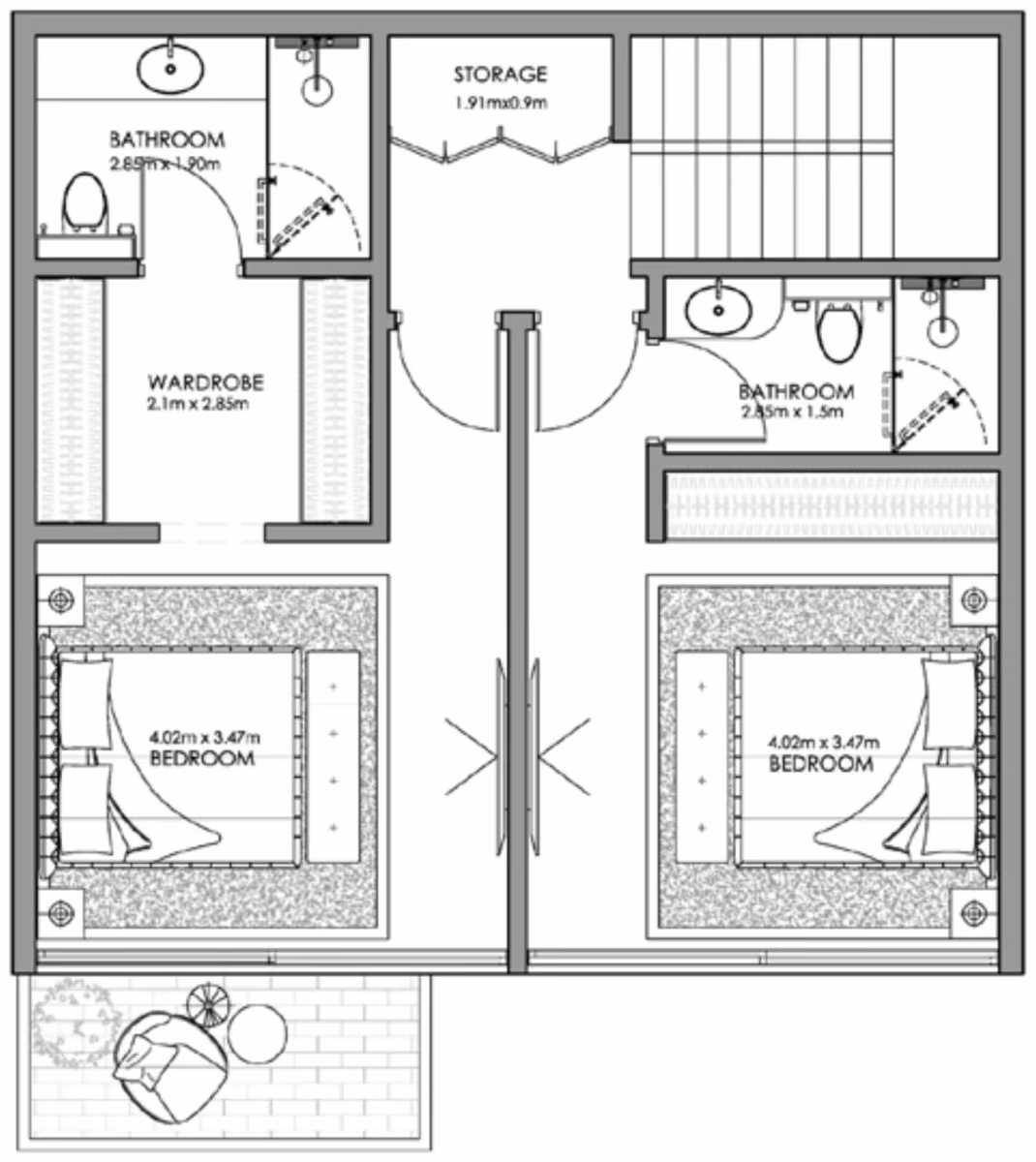 תוכנית 2 חדרי שינה · דופלקס · Duplex Type B ב־נדל"ן להשקעה Ajmal Makan Blue Beach Residence, באזור Waterfront City, שארג’ה (קומה ראשונה)