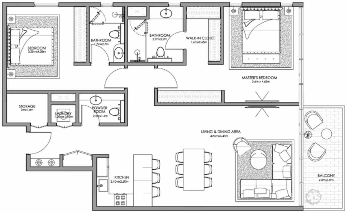 תוכנית 2 חדרי שינה · Type C ב־נדל"ן להשקעה Ajmal Makan Blue Beach Residence, באזור Waterfront City, שארג’ה