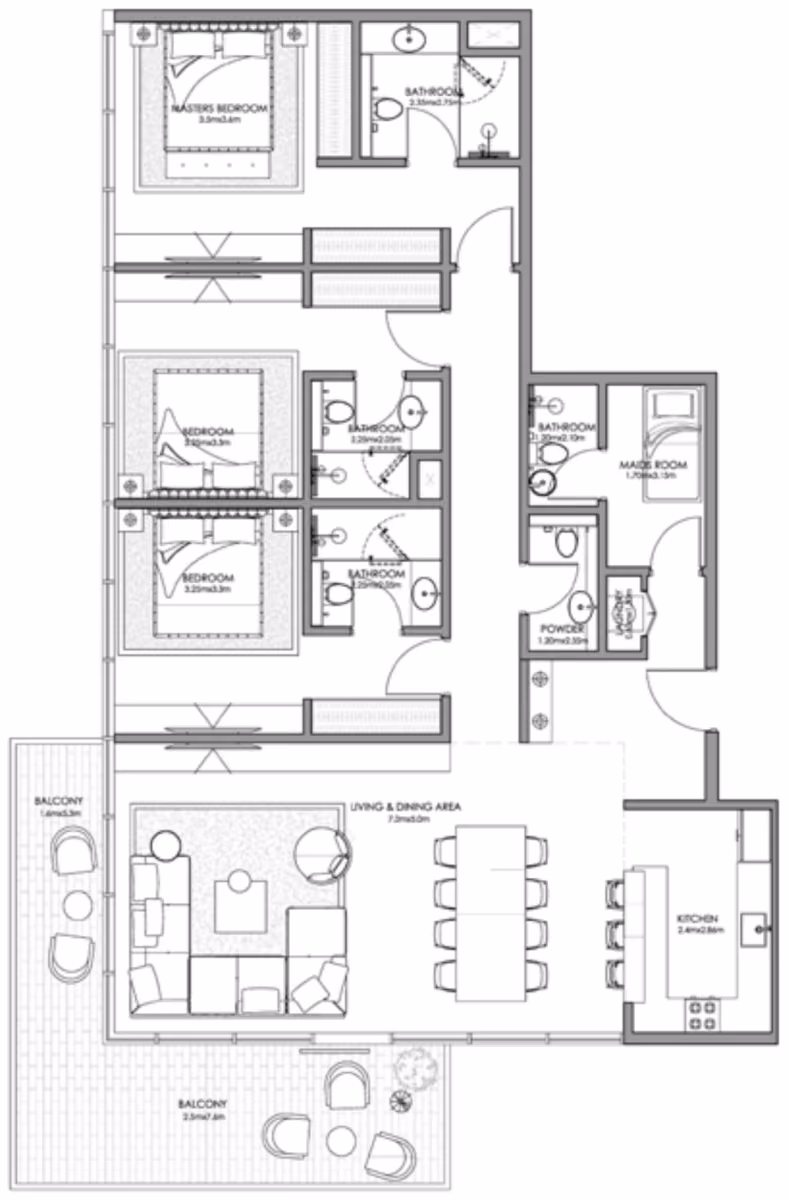 תוכנית 3 חדרי שינה · Type A ב־נדל"ן להשקעה Ajmal Makan Blue Beach Residence, באזור Waterfront City, שארג’ה
