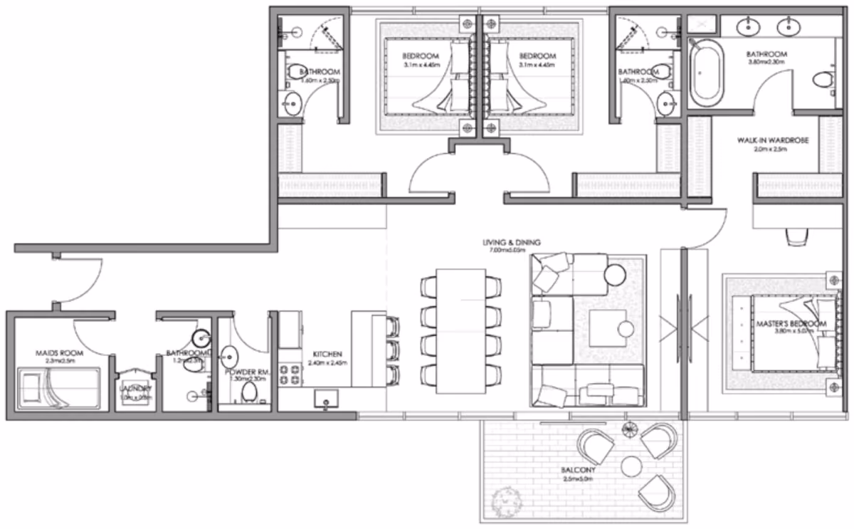 תוכנית 3 חדרי שינה · Type B ב־נדל"ן להשקעה Ajmal Makan Blue Beach Residence, באזור Waterfront City, שארג’ה
