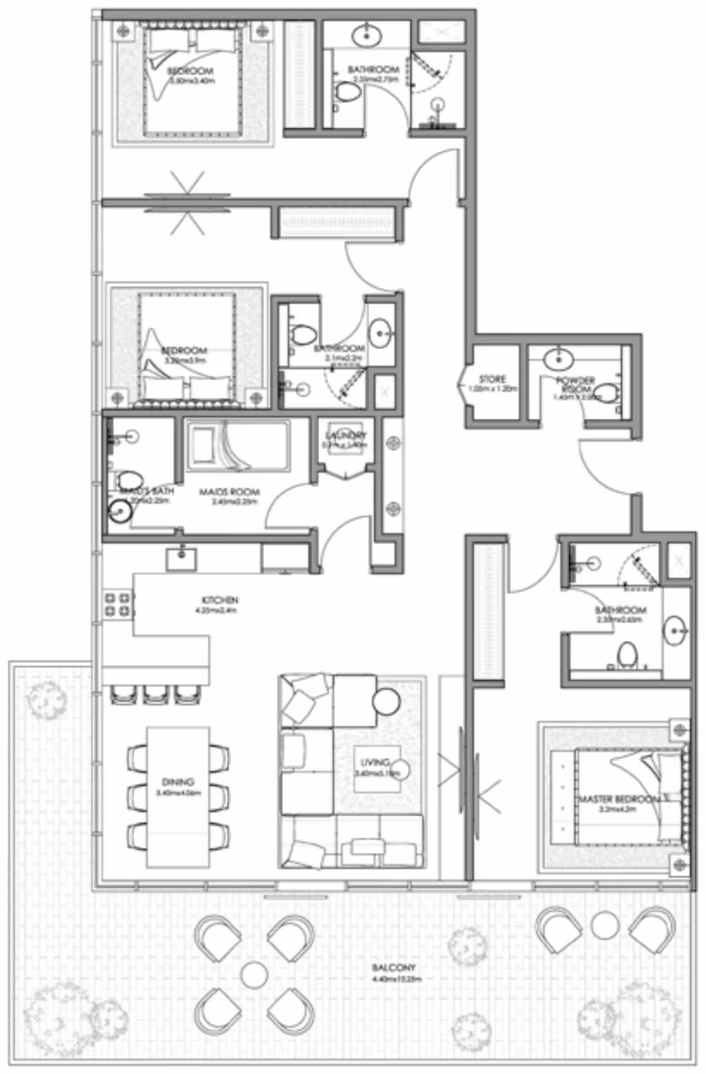 תוכנית 3 חדרי שינה · Type C ב־נדל"ן להשקעה Ajmal Makan Blue Beach Residence, באזור Waterfront City, שארג’ה