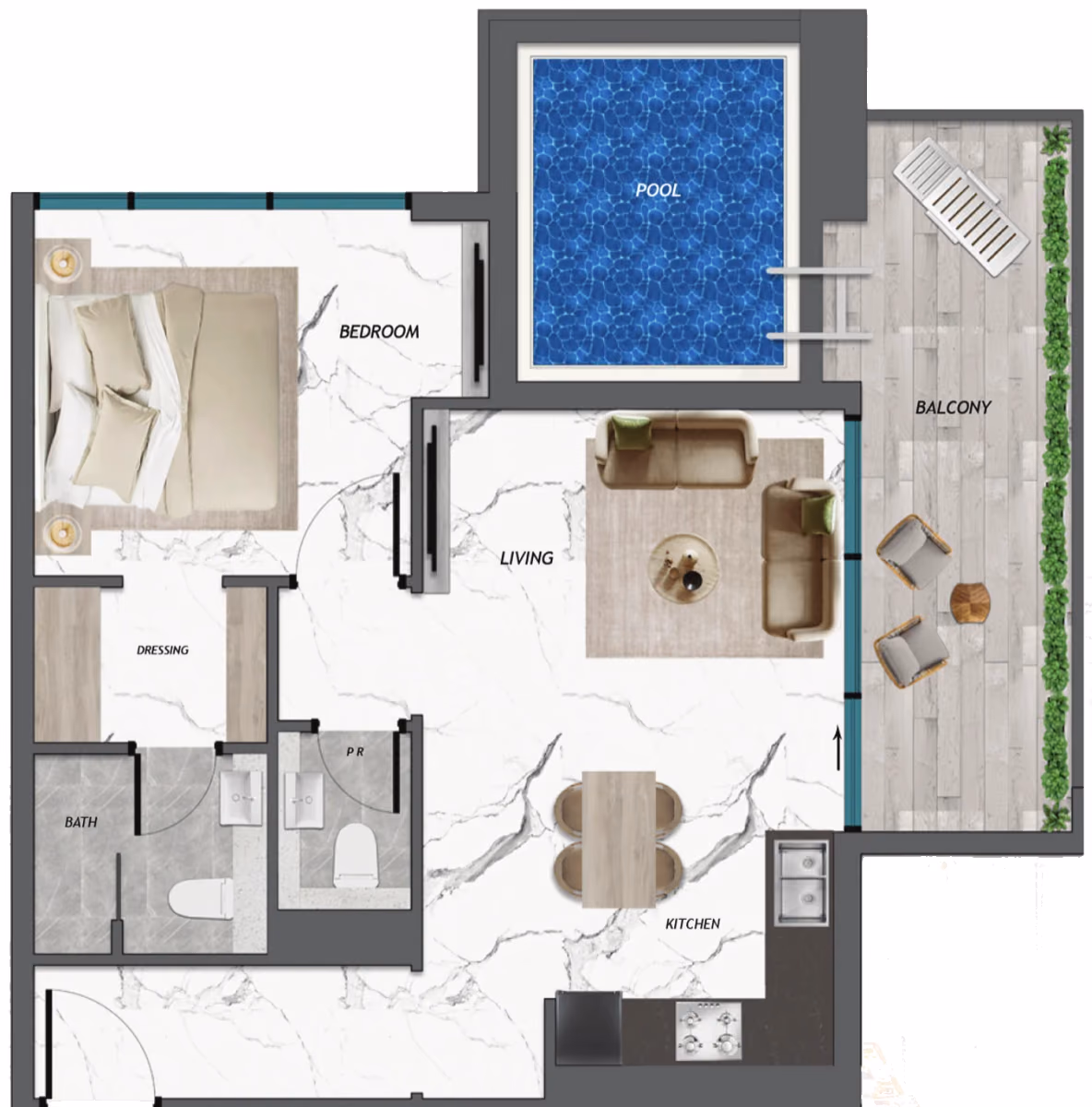 תוכנית חדר שינה אחד · With Pool ב־נדל"ן להשקעה Samana Manhattan 2, באזור Jumeirah Village Circle (JVC), דובאי