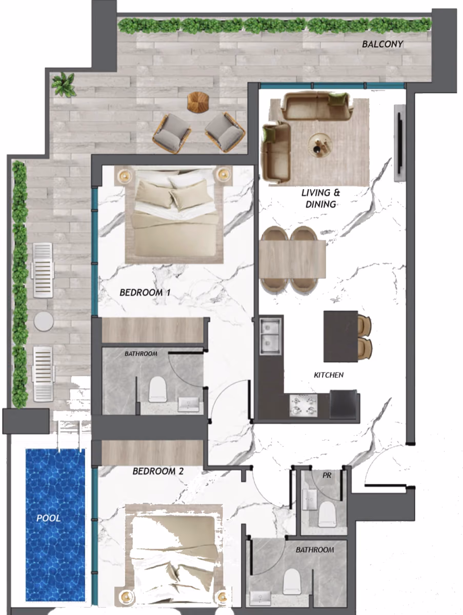 תוכנית 2 חדרי שינה · With Pool ב־נדל"ן להשקעה Samana Manhattan 2, באזור Jumeirah Village Circle (JVC), דובאי