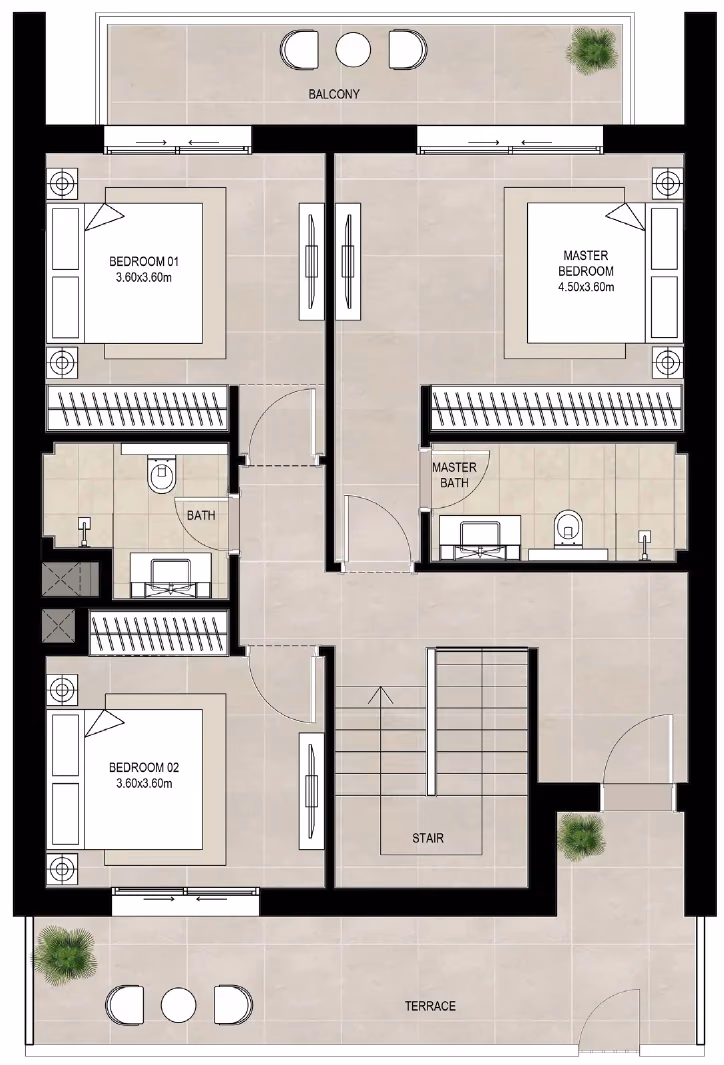 תוכנית 3 חדרי שינה · דופלקס · Duplex Type A ב־נדל"ן להשקעה Fiori, באזור Town Square, דובאי (קומה ראשונה)
