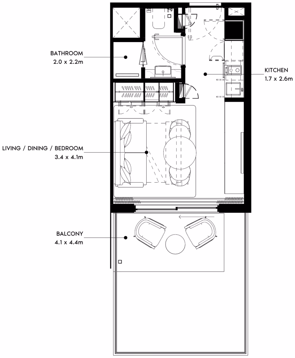 תוכנית סטודיו · Type 1 Extended / 1 Flip Extended ב־נדל"ן להשקעה Azizi Noura, באזור Jabal Ali, דובאי