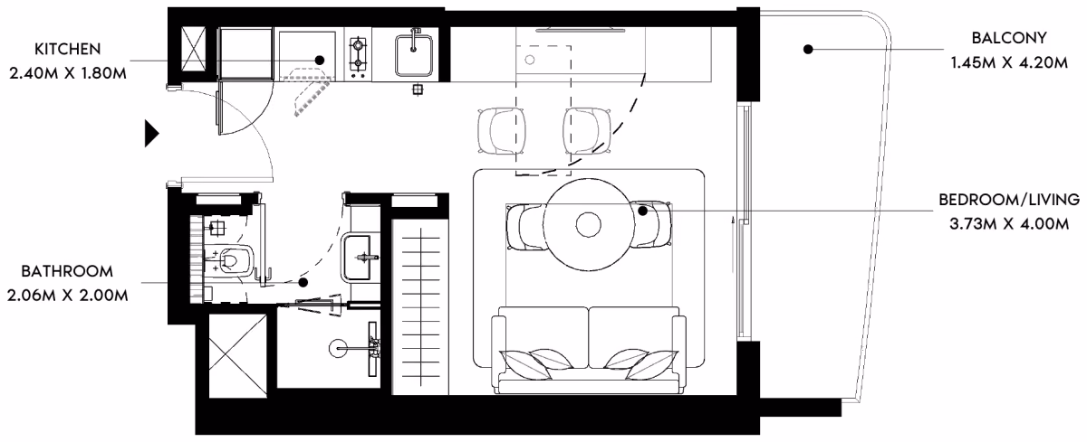 תוכנית סטודיו · Type 01B ב־נדל"ן להשקעה Azizi Leily, באזור Al Jaddaf, דובאי