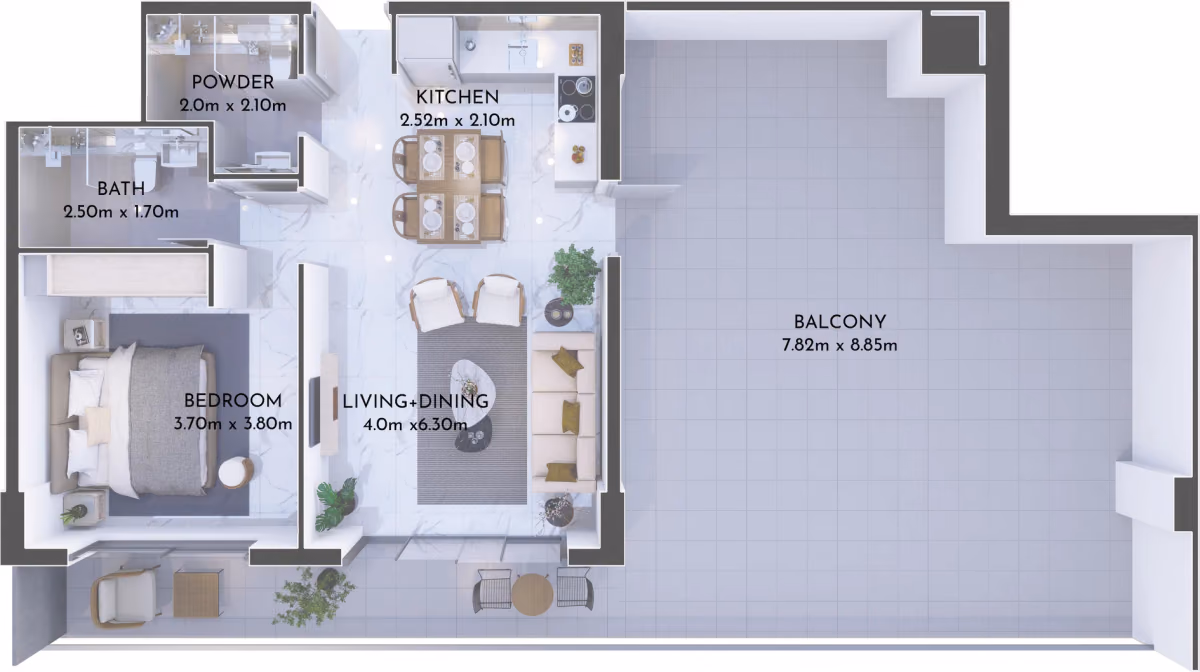 תוכנית חדר שינה אחד · RF 02 / RF 12 ב־נדל"ן להשקעה Olivia Residences, באזור Dubai Investments Park, דובאי