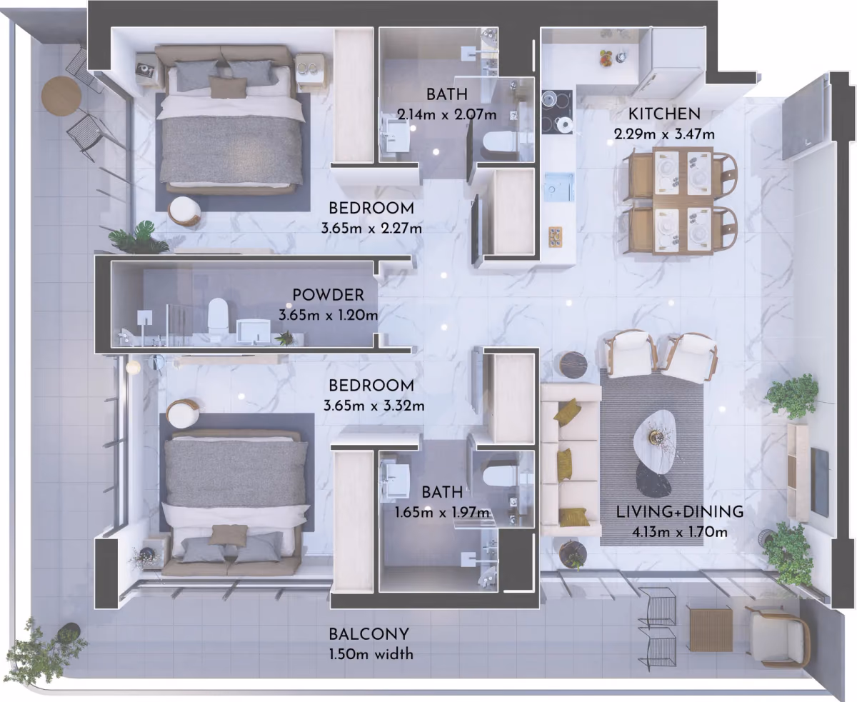 תוכנית 2 חדרי שינה · RF 03 ב־נדל"ן להשקעה Olivia Residences, באזור Dubai Investments Park, דובאי