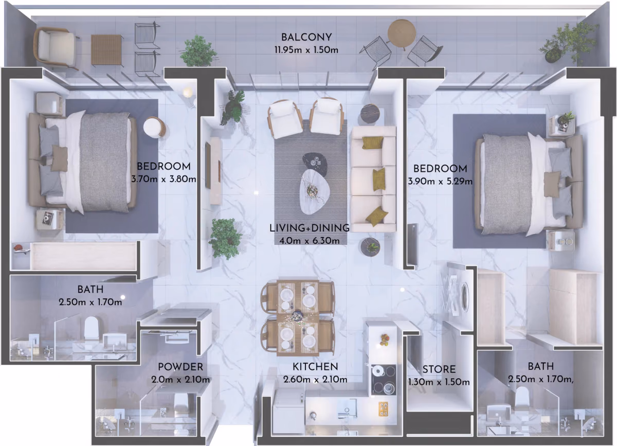 תוכנית 2 חדרי שינה · RF 06 ב־נדל"ן להשקעה Olivia Residences, באזור Dubai Investments Park, דובאי