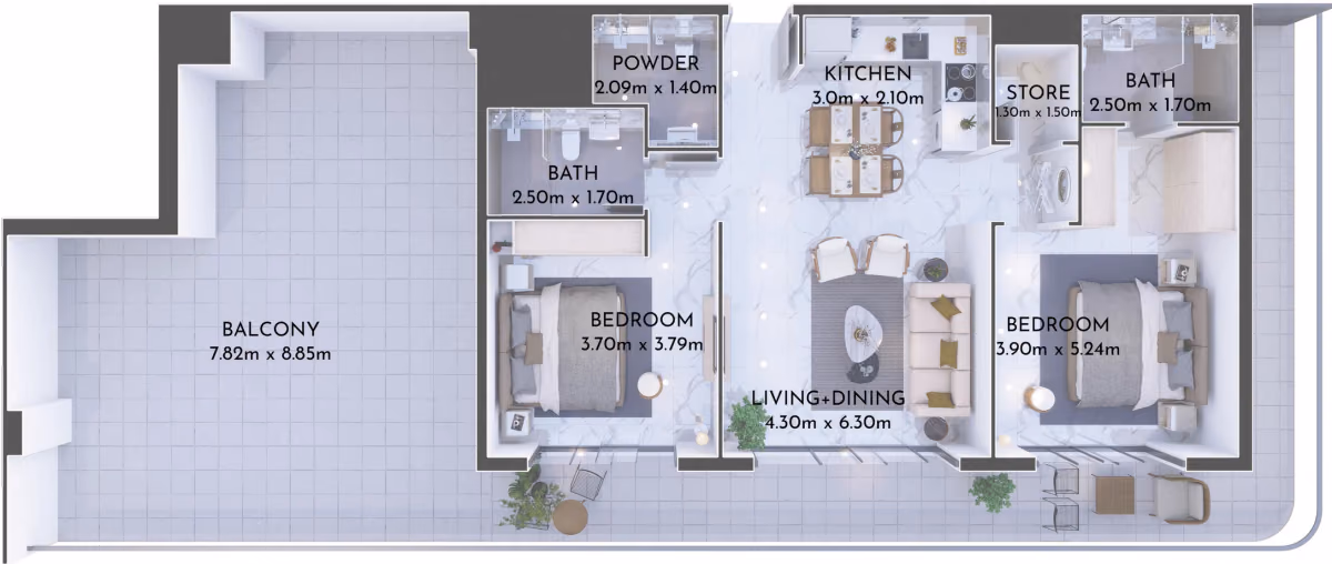 תוכנית 2 חדרי שינה · RF 11 ב־נדל"ן להשקעה Olivia Residences, באזור Dubai Investments Park, דובאי