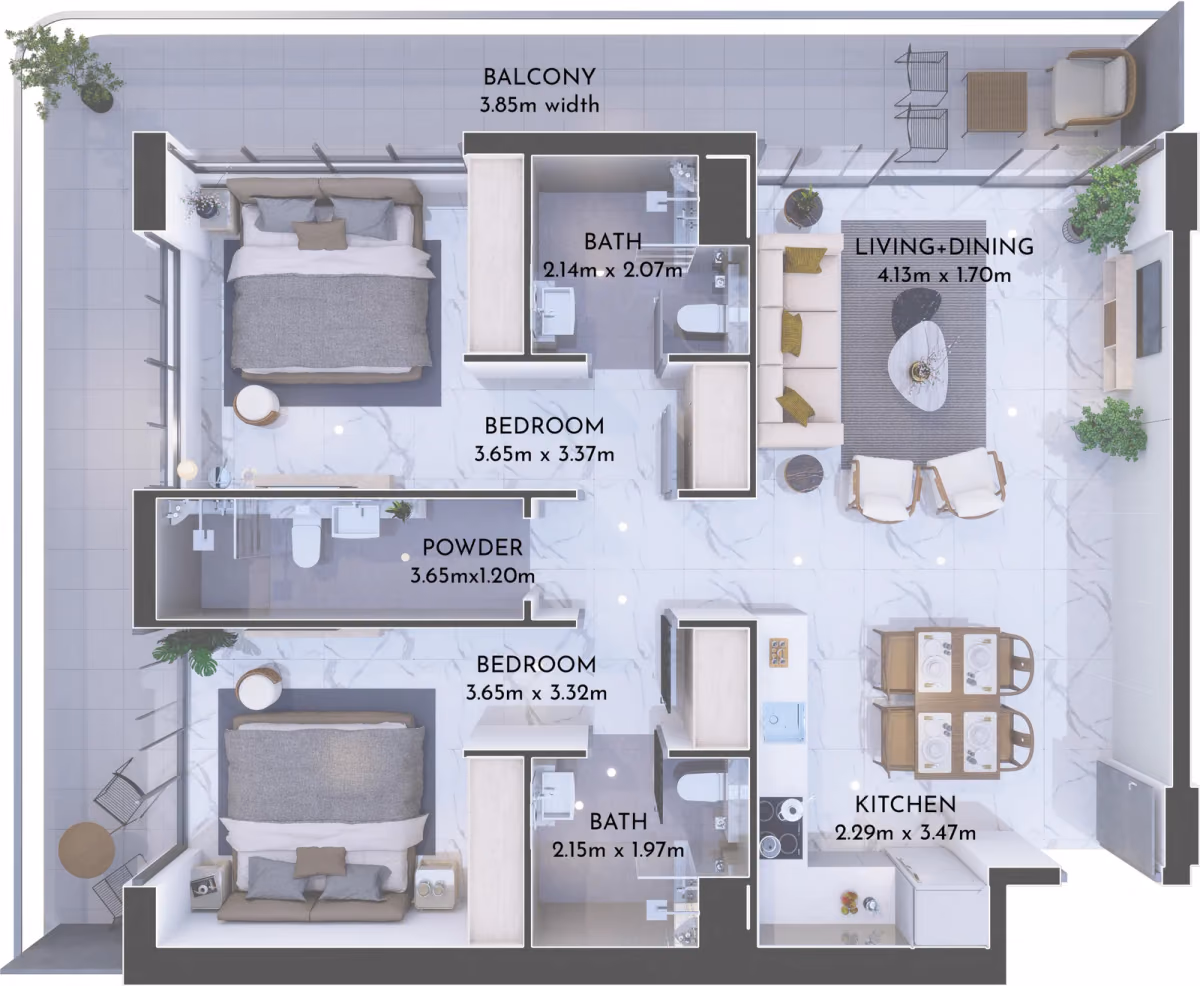 תוכנית 2 חדרי שינה · RF 14 ב־נדל"ן להשקעה Olivia Residences, באזור Dubai Investments Park, דובאי
