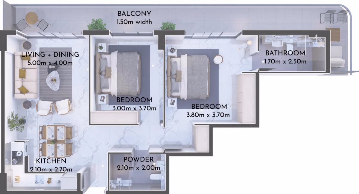 תוכנית 2 חדרי שינה · Units 113-613 ב־נדל"ן להשקעה Olivia Residences, באזור Dubai Investments Park, דובאי