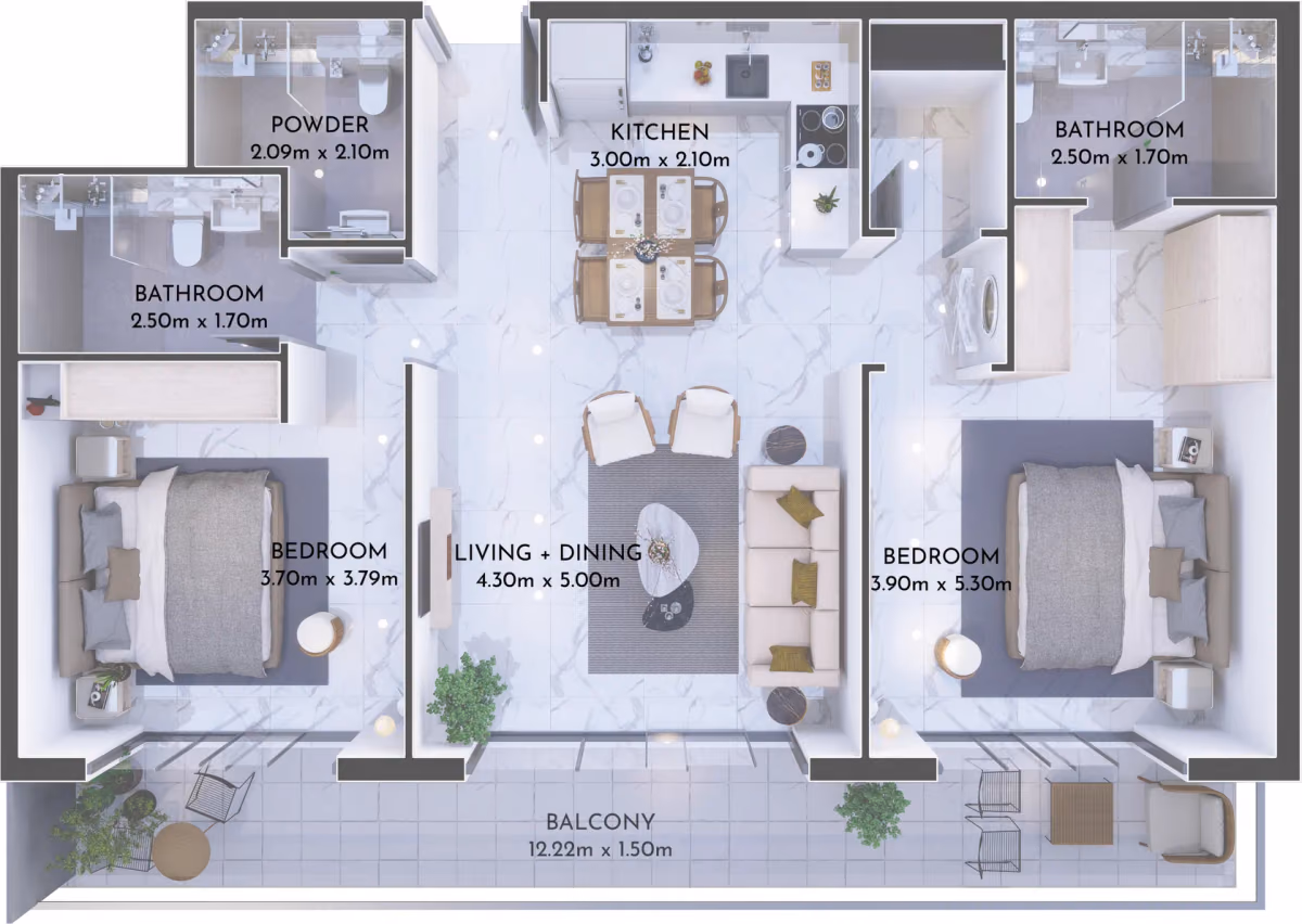 תוכנית 2 חדרי שינה · Units 123, 227-627 ב־נדל"ן להשקעה Olivia Residences, באזור Dubai Investments Park, דובאי