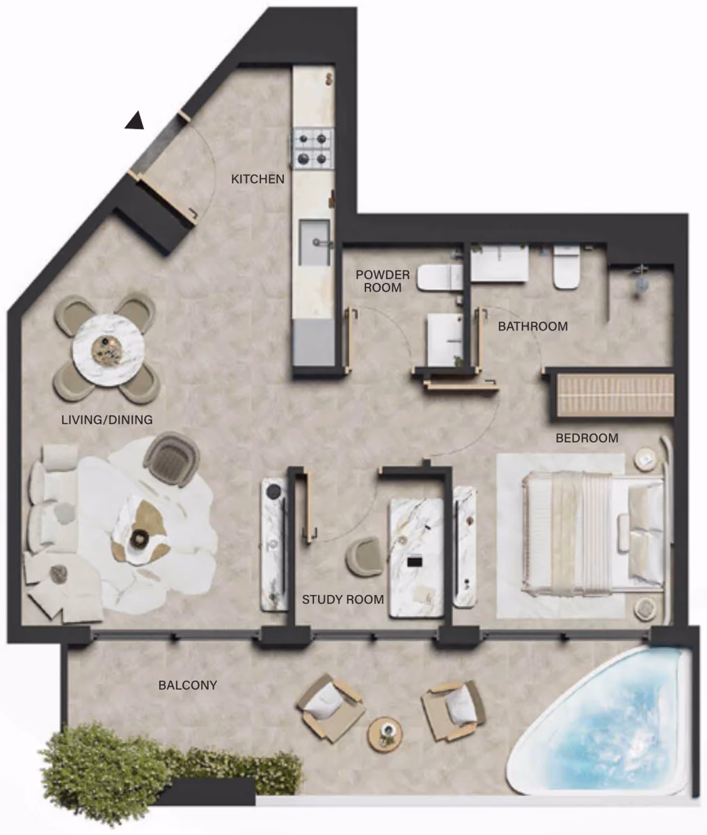 תוכנית חדר שינה אחד · Type 01 ב־נדל"ן להשקעה LEOS Weybridge Gardens 5, באזור Dubailand, דובאי