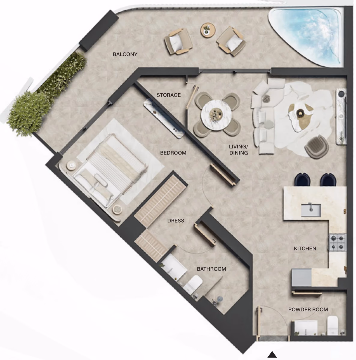 תוכנית חדר שינה אחד · Type 02 ב־נדל"ן להשקעה LEOS Weybridge Gardens 5, באזור Dubailand, דובאי