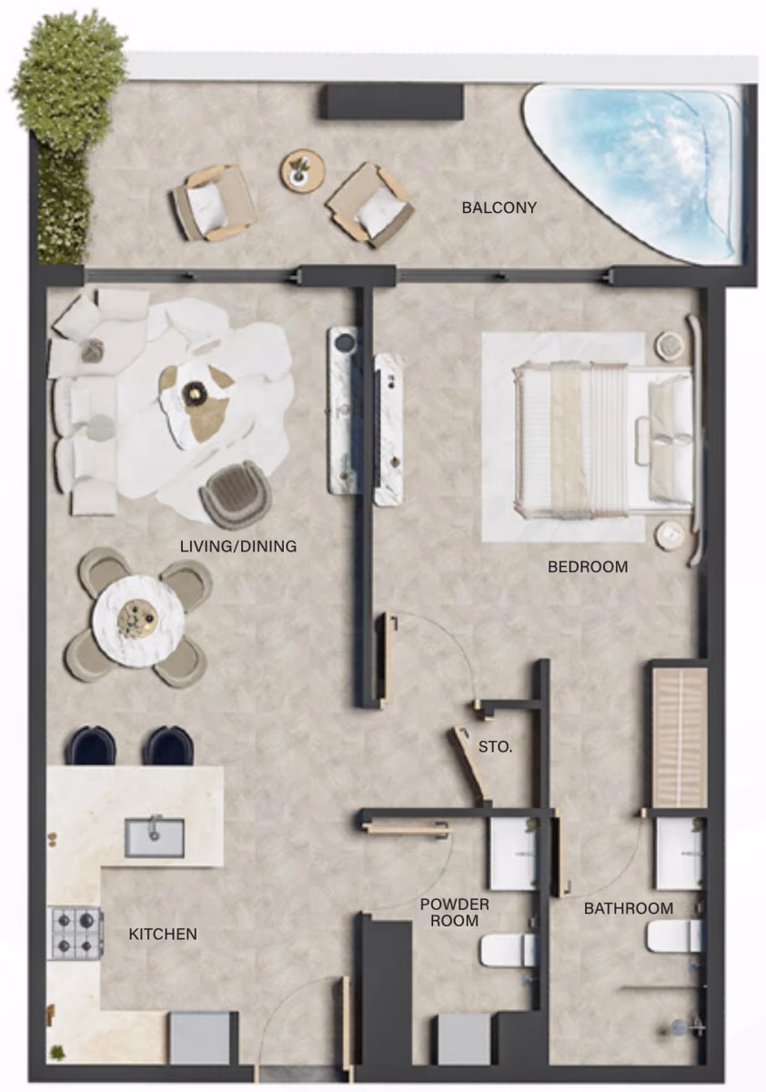 תוכנית חדר שינה אחד · Type 03 ב־נדל"ן להשקעה LEOS Weybridge Gardens 5, באזור Dubailand, דובאי