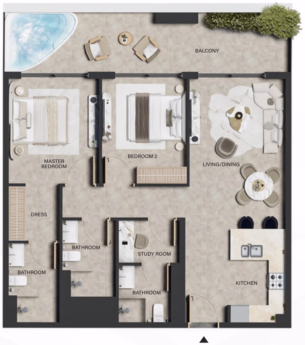 תוכנית 2 חדרי שינה · Type 01 ב־נדל"ן להשקעה LEOS Weybridge Gardens 5, באזור Dubailand, דובאי