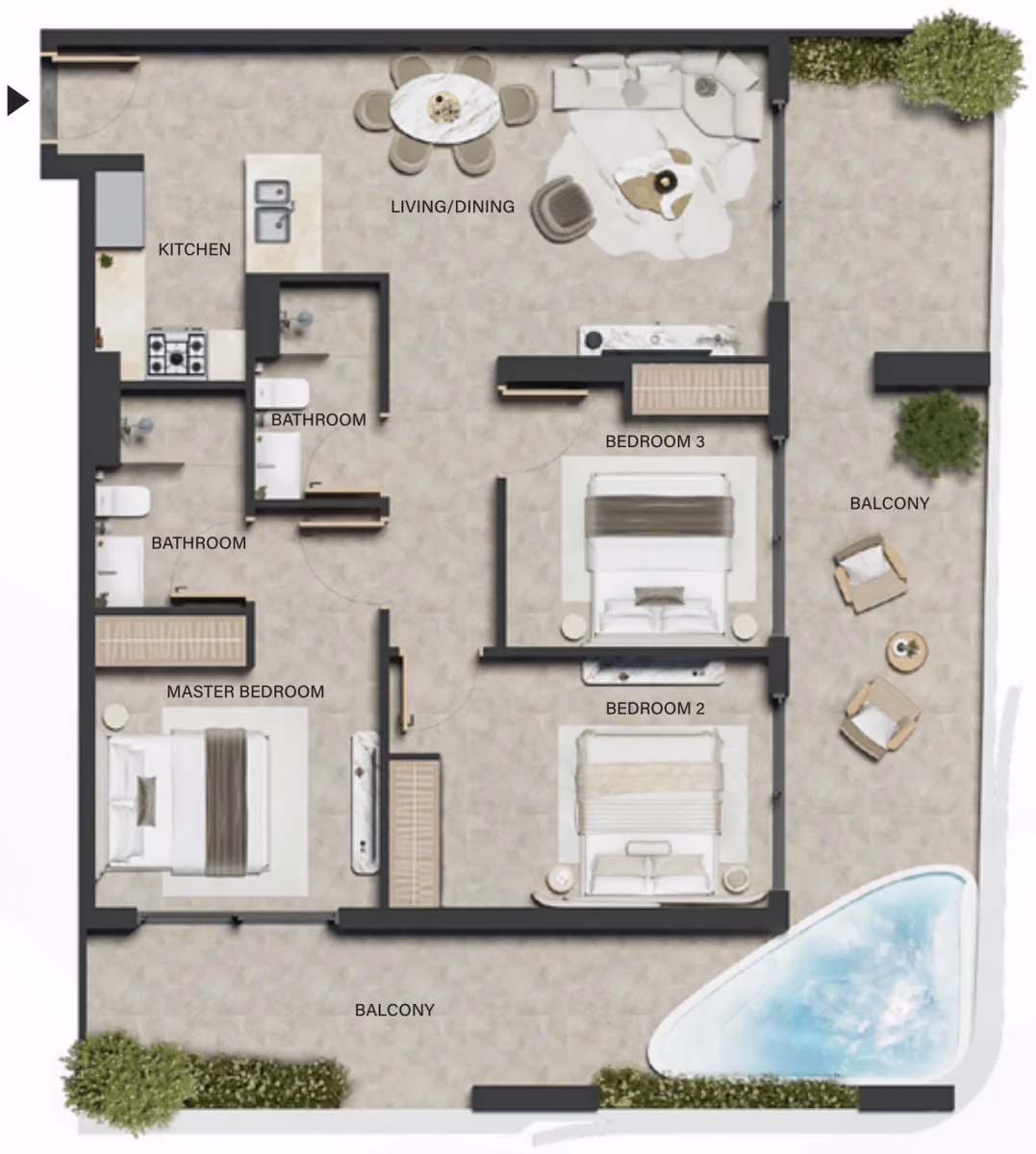 תוכנית 3 חדרי שינה · Type 01 ב־נדל"ן להשקעה LEOS Weybridge Gardens 5, באזור Dubailand, דובאי