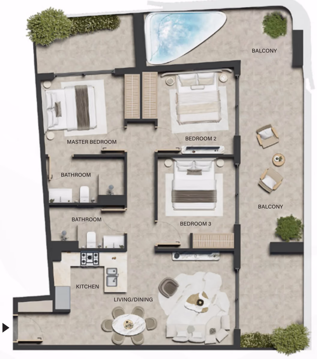 תוכנית 3 חדרי שינה · Type 02 ב־נדל"ן להשקעה LEOS Weybridge Gardens 5, באזור Dubailand, דובאי