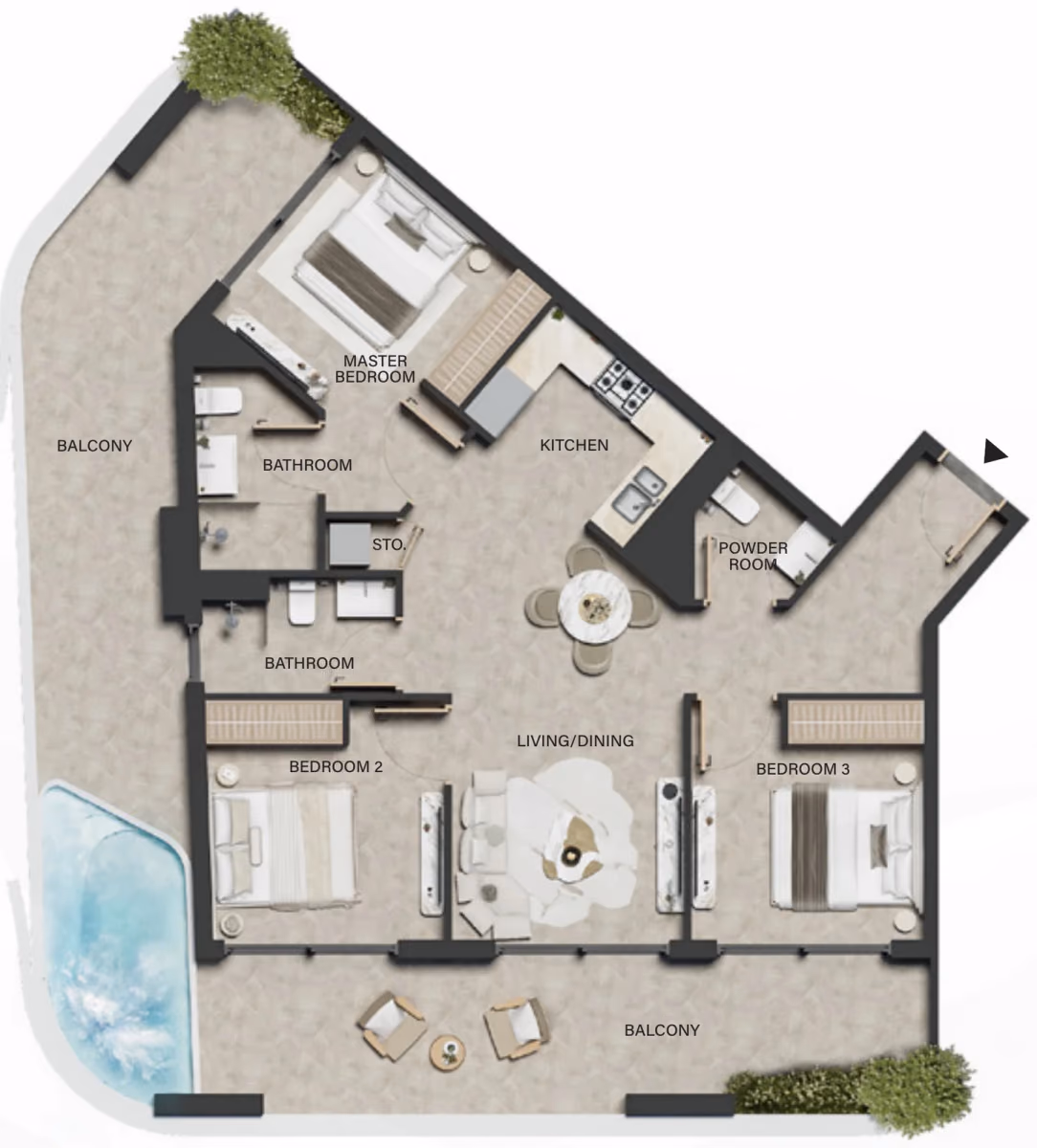 תוכנית 3 חדרי שינה · Type 03 ב־נדל"ן להשקעה LEOS Weybridge Gardens 5, באזור Dubailand, דובאי
