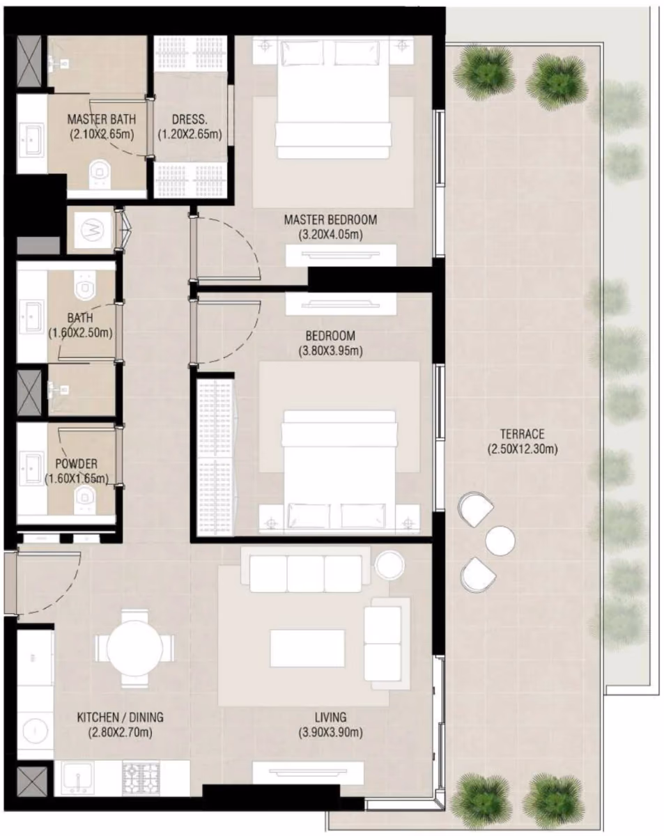 תוכנית 2 חדרי שינה · Type A1 ב־נדל"ן להשקעה Nshama Camden, באזור Town Square, דובאי