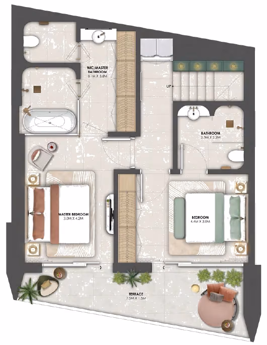 תוכנית 2 חדרי שינה · דופלקס · Chalet A ב־נדל"ן להשקעה Omniyat Orise by Beyond, באזור Maritime City, דובאי (קומה תחתונה)