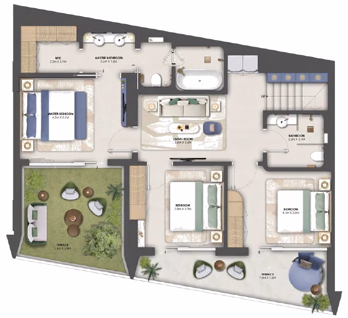 תוכנית 3 חדרי שינה · דופלקס · Chalet B ב־נדל"ן להשקעה Omniyat Orise by Beyond, באזור Maritime City, דובאי (קומה תחתונה)