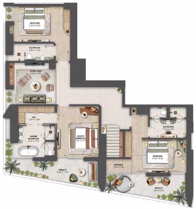 תוכנית 4 חדרי שינה · פנטהאוז · Penthouse A ב־נדל"ן להשקעה Omniyat Orise by Beyond, באזור Maritime City, דובאי (קומה תחתונה)
