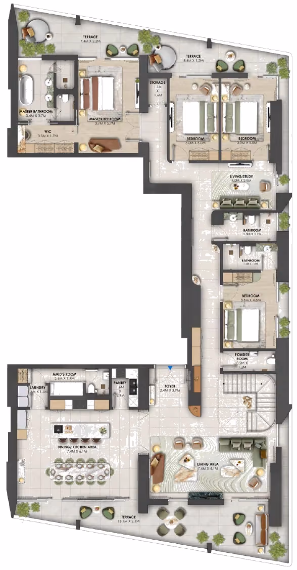 תוכנית 4 חדרי שינה · פנטהאוז · Penthouse C1 ב־נדל"ן להשקעה Omniyat Orise by Beyond, באזור Maritime City, דובאי (קומה תחתונה)