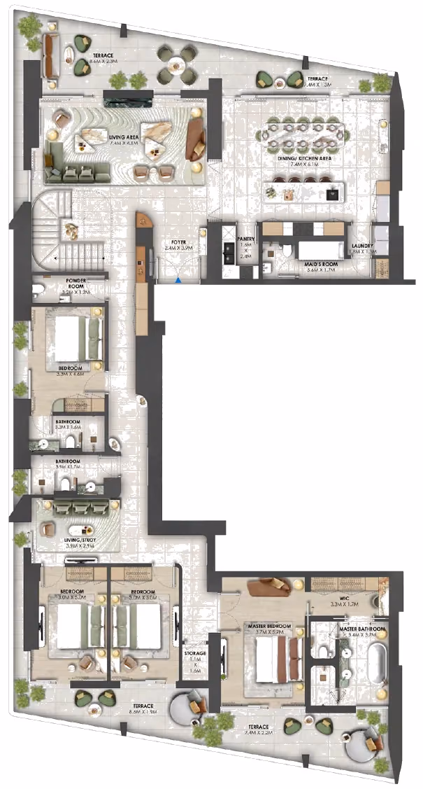 תוכנית 4 חדרי שינה · פנטהאוז · Penthouse C2 ב־נדל"ן להשקעה Omniyat Orise by Beyond, באזור Maritime City, דובאי (קומה תחתונה)
