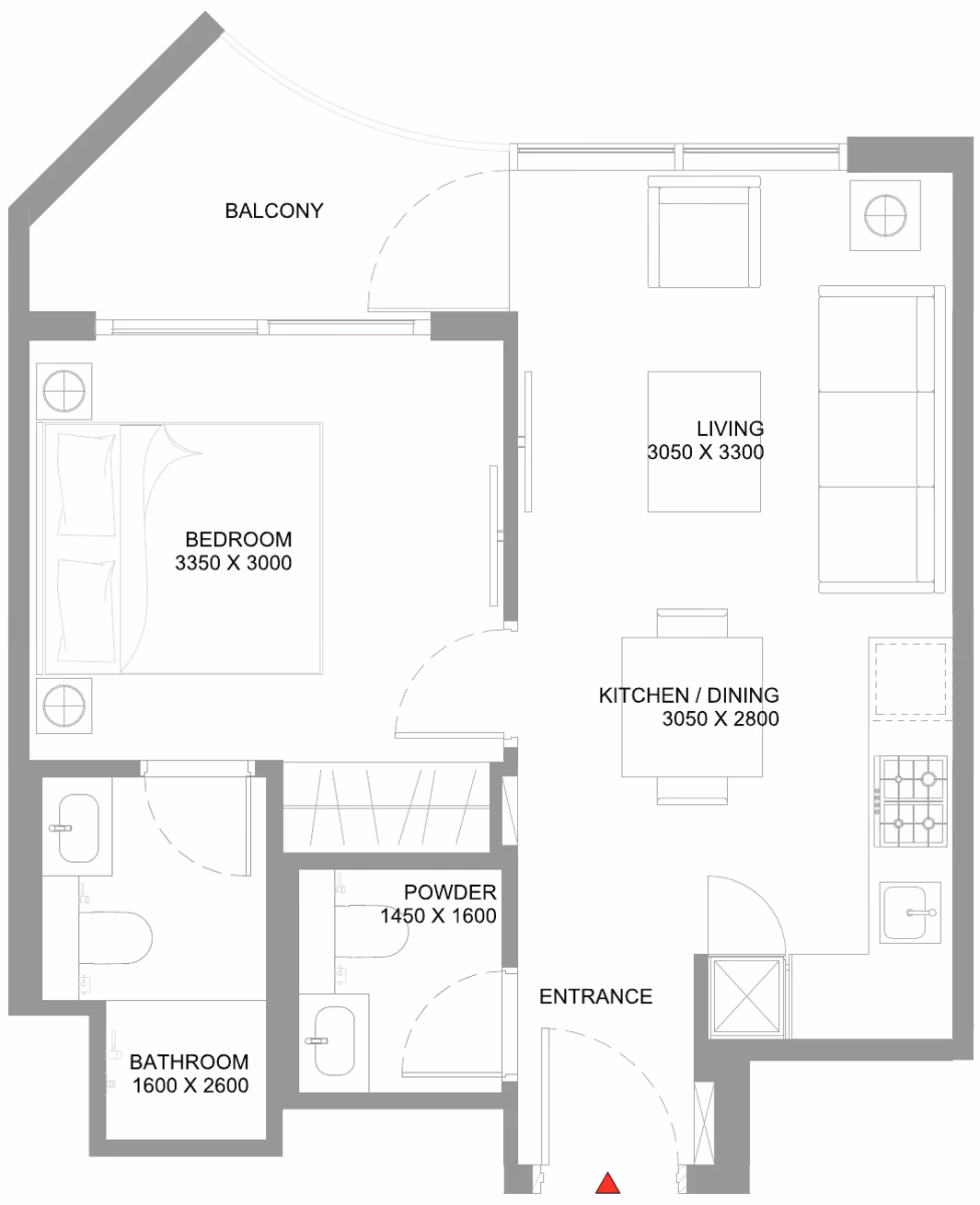 תוכנית חדר שינה אחד · Type B - Variant 1 ב־נדל"ן להשקעה Sobha Coastline Beach Residences, באזור Siniya Island, אום אל קוויין