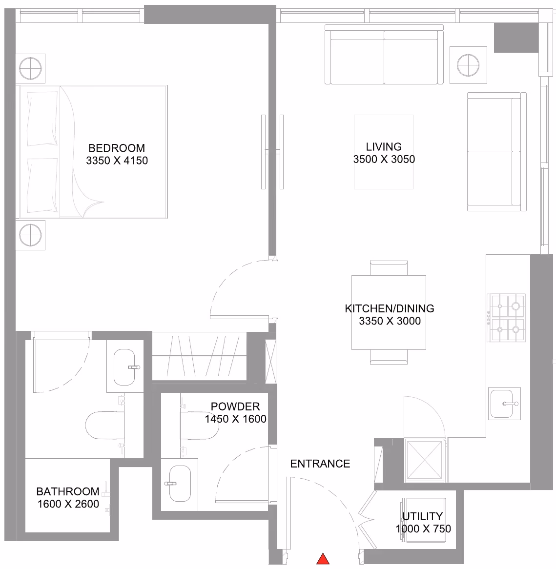 תוכנית חדר שינה אחד · Type C - Variant 1 ב־נדל"ן להשקעה Sobha Coastline Beach Residences, באזור Siniya Island, אום אל קוויין