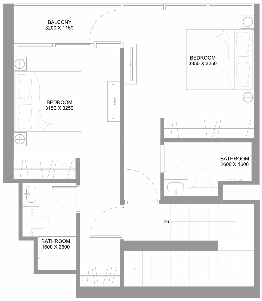 תוכנית 2 חדרי שינה · דופלקס · Type J ב־נדל"ן להשקעה Sobha Coastline Beach Residences, באזור Siniya Island, אום אל קוויין (קומה עליונה)