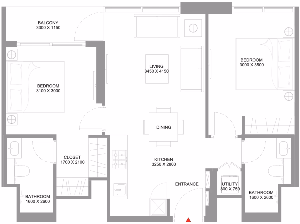 תוכנית 2 חדרי שינה · Type A - Variant 1 ב־נדל"ן להשקעה Sobha Coastline Beach Residences, באזור Siniya Island, אום אל קוויין