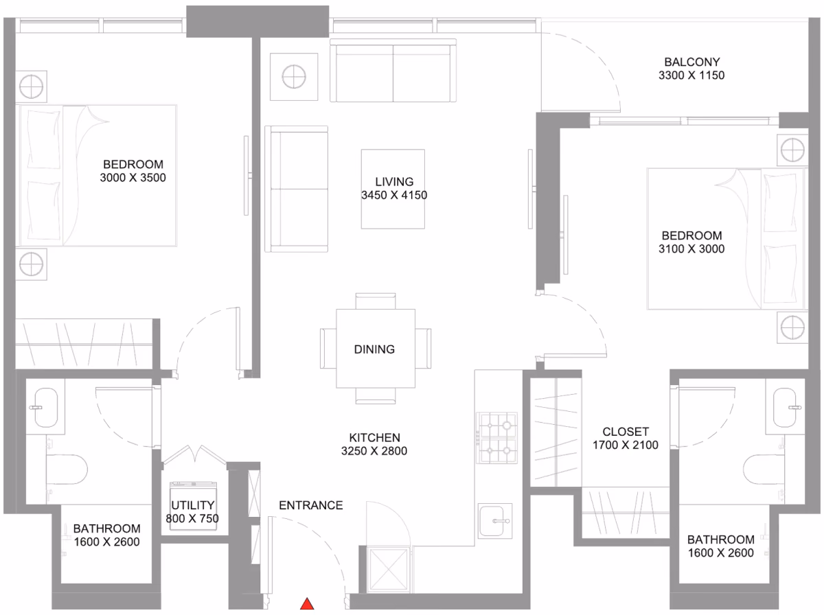 תוכנית 2 חדרי שינה · Type A ב־נדל"ן להשקעה Sobha Coastline Beach Residences, באזור Siniya Island, אום אל קוויין