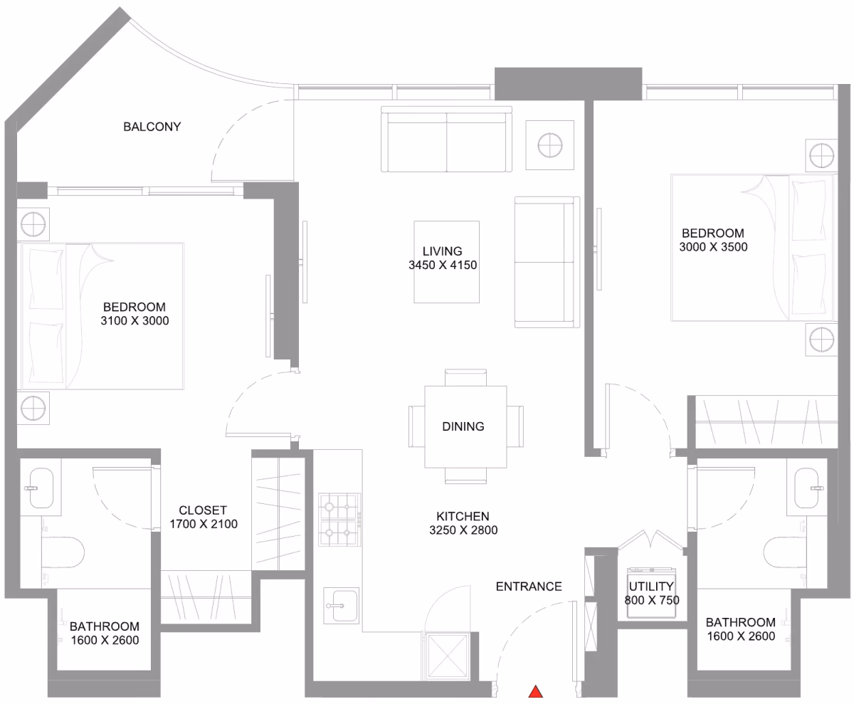 תוכנית 2 חדרי שינה · Type B - Variant 1 ב־נדל"ן להשקעה Sobha Coastline Beach Residences, באזור Siniya Island, אום אל קוויין