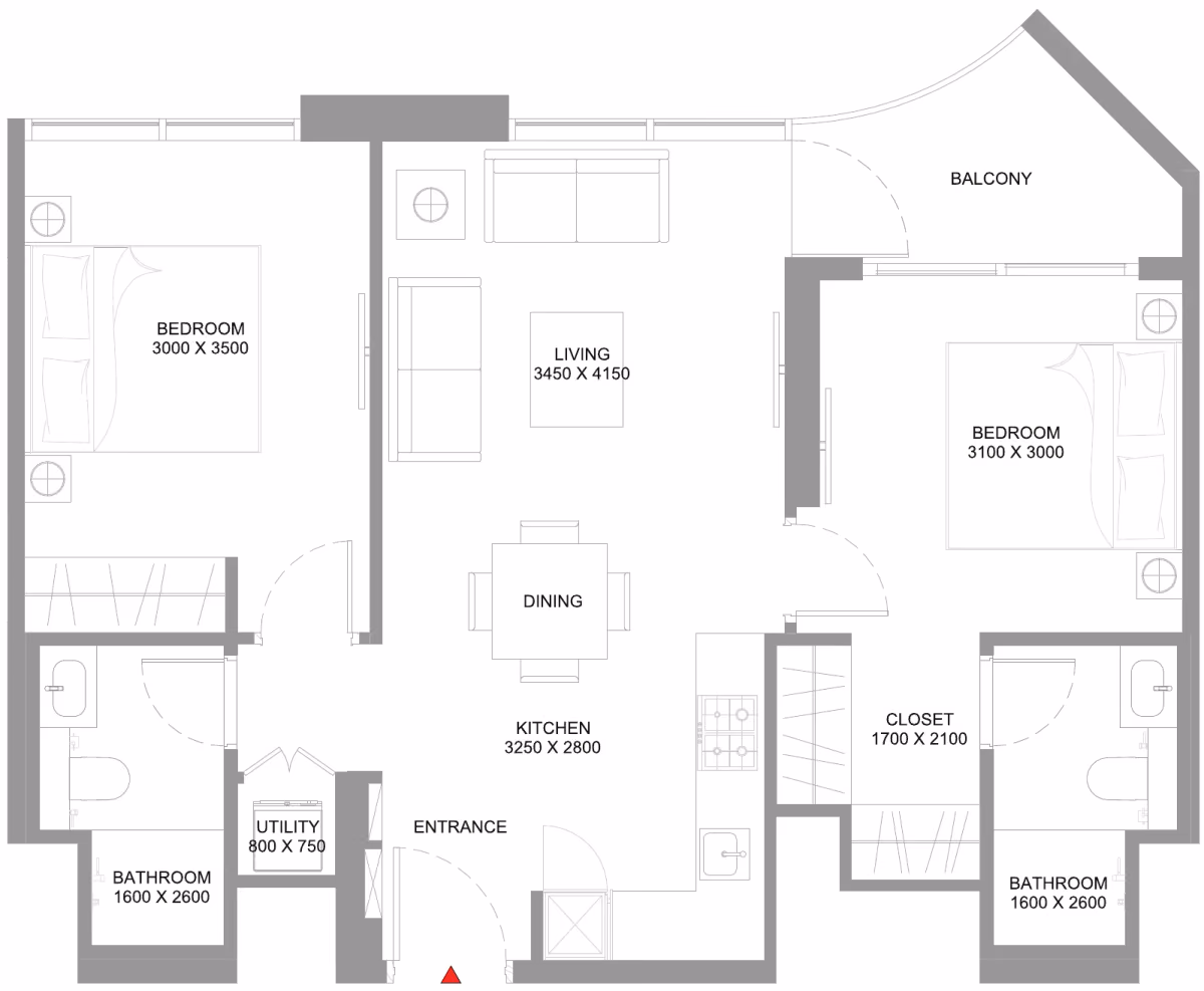 תוכנית 2 חדרי שינה · Type B ב־נדל"ן להשקעה Sobha Coastline Beach Residences, באזור Siniya Island, אום אל קוויין