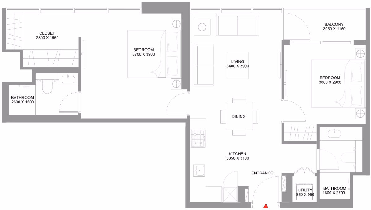 תוכנית 2 חדרי שינה · Type C - Variant 1 ב־נדל"ן להשקעה Sobha Coastline Beach Residences, באזור Siniya Island, אום אל קוויין