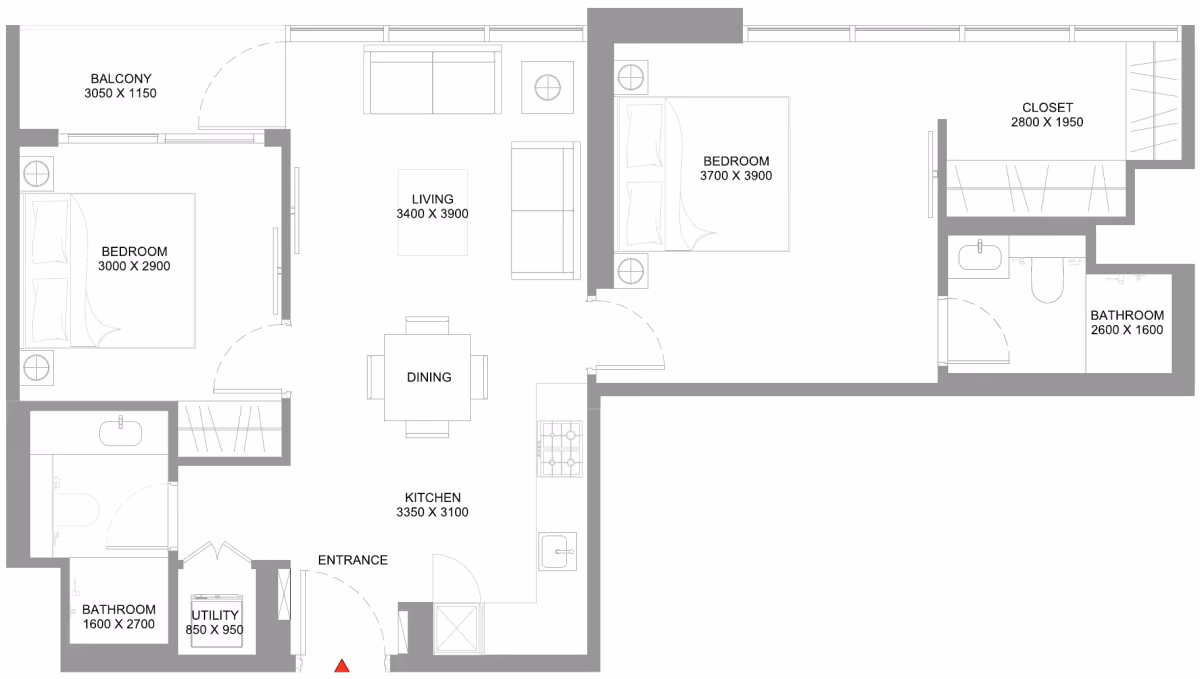 תוכנית 2 חדרי שינה · Type C ב־נדל"ן להשקעה Sobha Coastline Beach Residences, באזור Siniya Island, אום אל קוויין