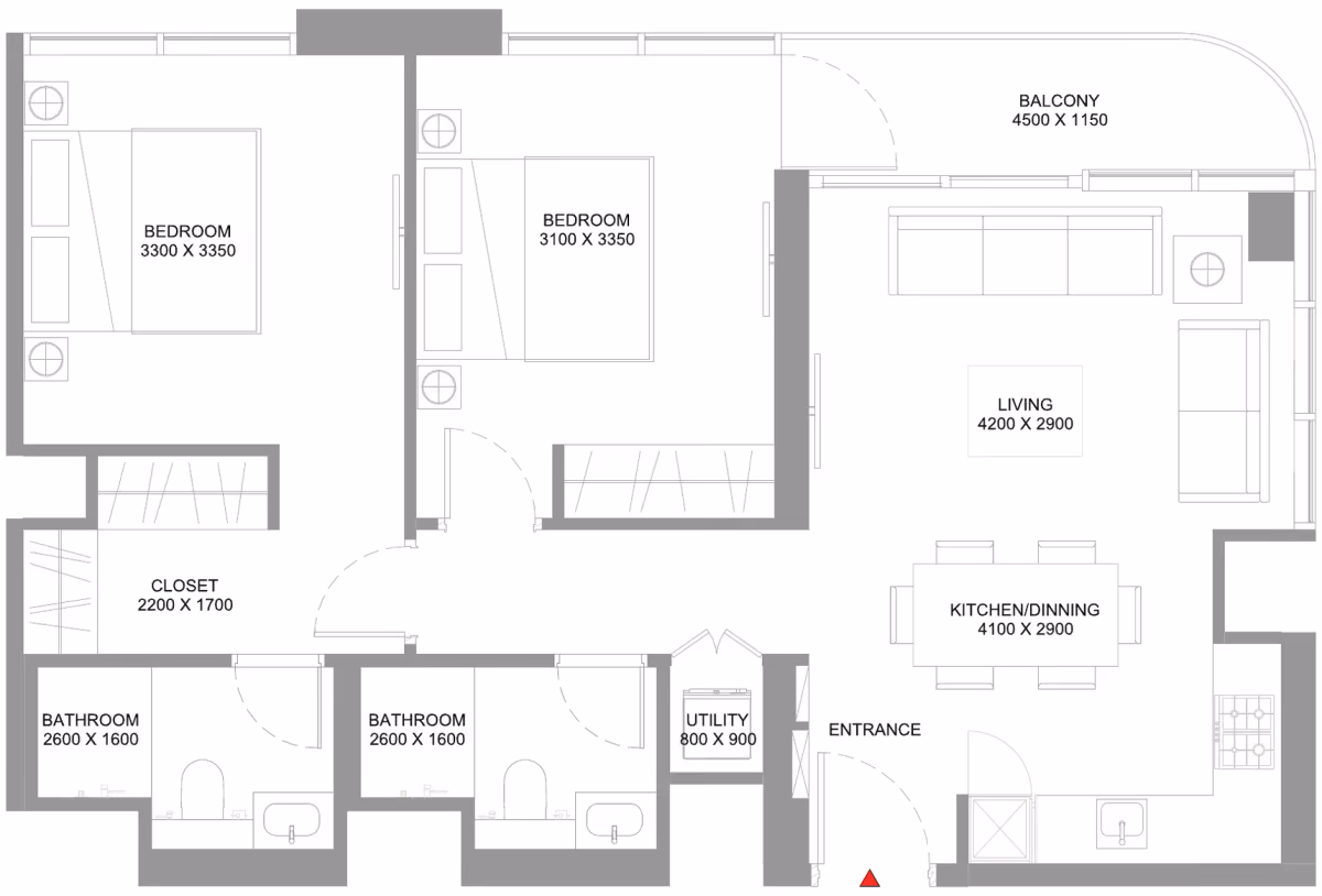 תוכנית 2 חדרי שינה · Type D - Variant 1 ב־נדל"ן להשקעה Sobha Coastline Beach Residences, באזור Siniya Island, אום אל קוויין