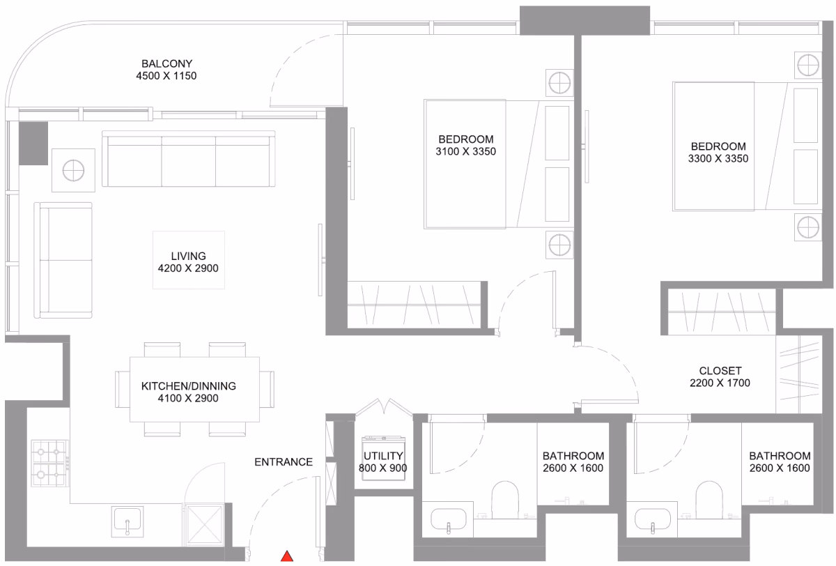 תוכנית 2 חדרי שינה · Type D ב־נדל"ן להשקעה Sobha Coastline Beach Residences, באזור Siniya Island, אום אל קוויין