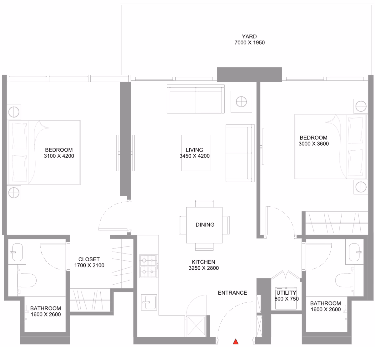 תוכנית 2 חדרי שינה · Type E - Variant 1 ב־נדל"ן להשקעה Sobha Coastline Beach Residences, באזור Siniya Island, אום אל קוויין