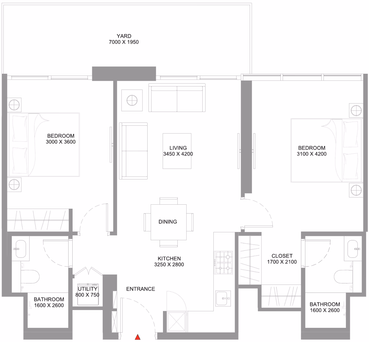 תוכנית 2 חדרי שינה · Type E ב־נדל"ן להשקעה Sobha Coastline Beach Residences, באזור Siniya Island, אום אל קוויין