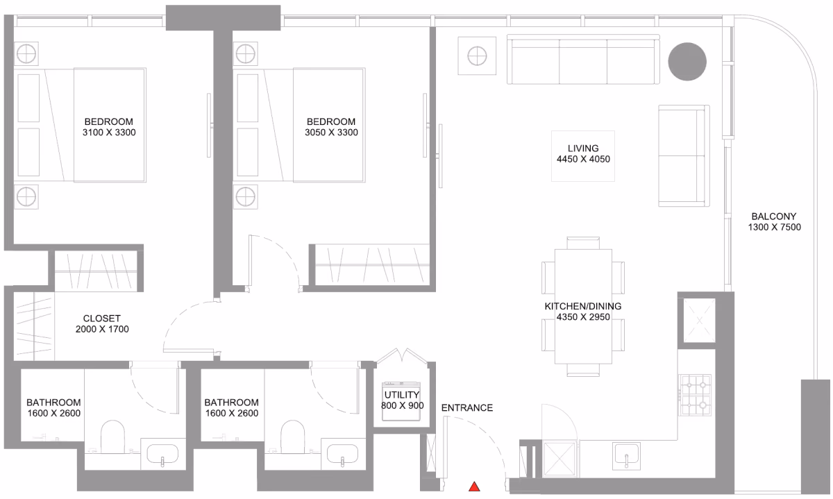 תוכנית 2 חדרי שינה · Type G - Variant 1 ב־נדל"ן להשקעה Sobha Coastline Beach Residences, באזור Siniya Island, אום אל קוויין