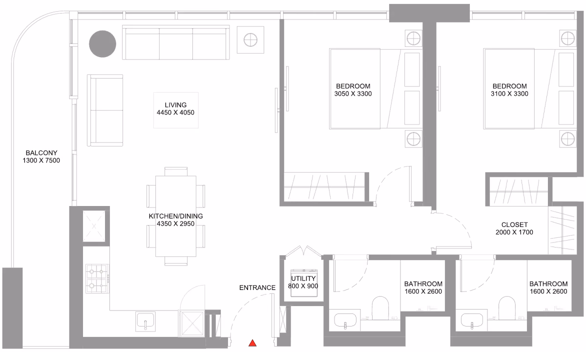 תוכנית 2 חדרי שינה · Type G ב־נדל"ן להשקעה Sobha Coastline Beach Residences, באזור Siniya Island, אום אל קוויין