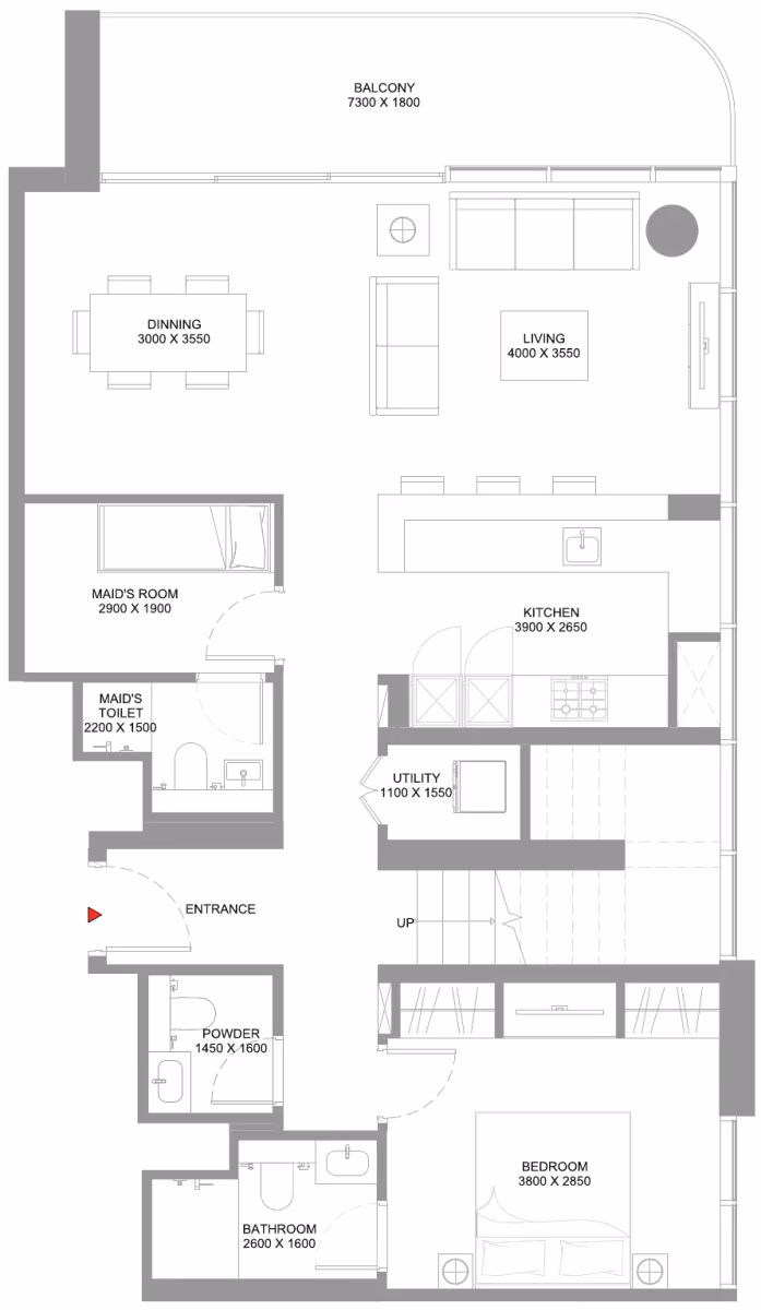 תוכנית 3 חדרי שינה · דופלקס · Type A ב־נדל"ן להשקעה Sobha Coastline Beach Residences, באזור Siniya Island, אום אל קוויין (קומה תחתונה)