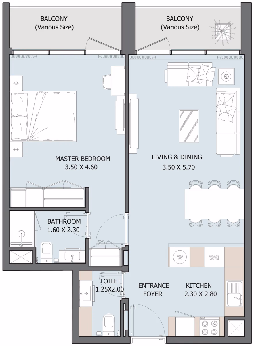 תוכנית חדר שינה אחד · 1B Type A ב־נדל"ן להשקעה Reportage Verdana 10 Residences, באזור Investment Park, דובאי